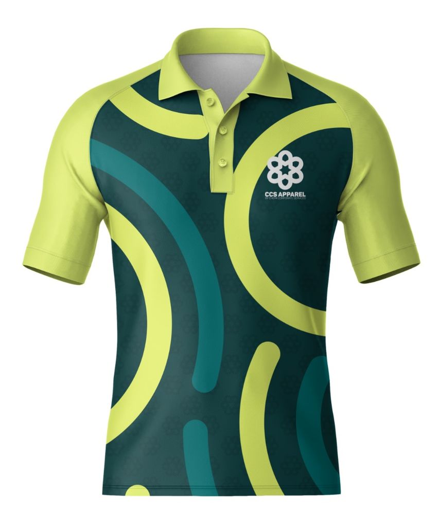Golf shirt with bold arcs and lime sleeves