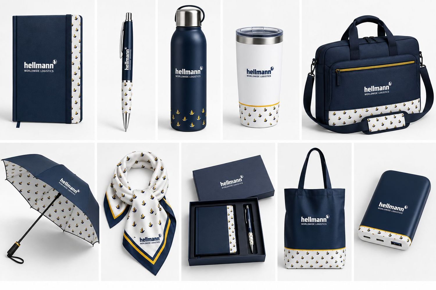 Navy Hellmann's branded notebooks, bottles, bags and accessories