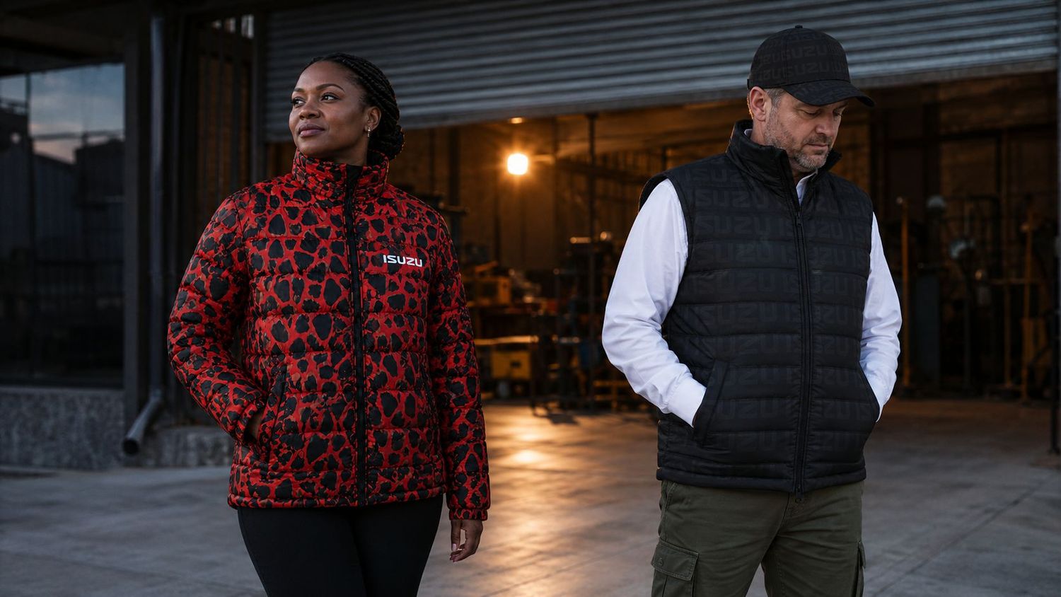 Two people in red print and black padded jackets