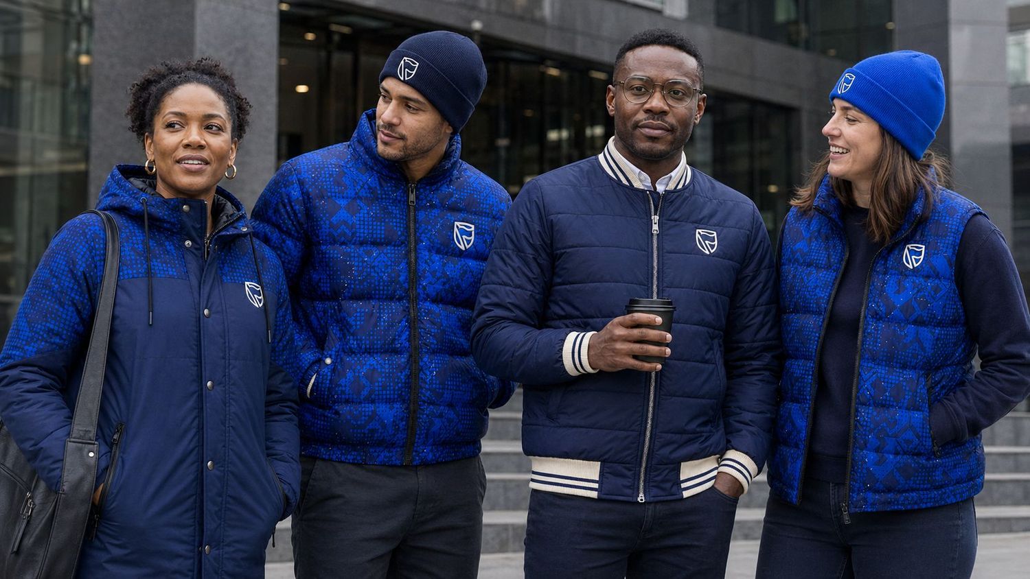 Four people in blue padded jackets with a geometric print