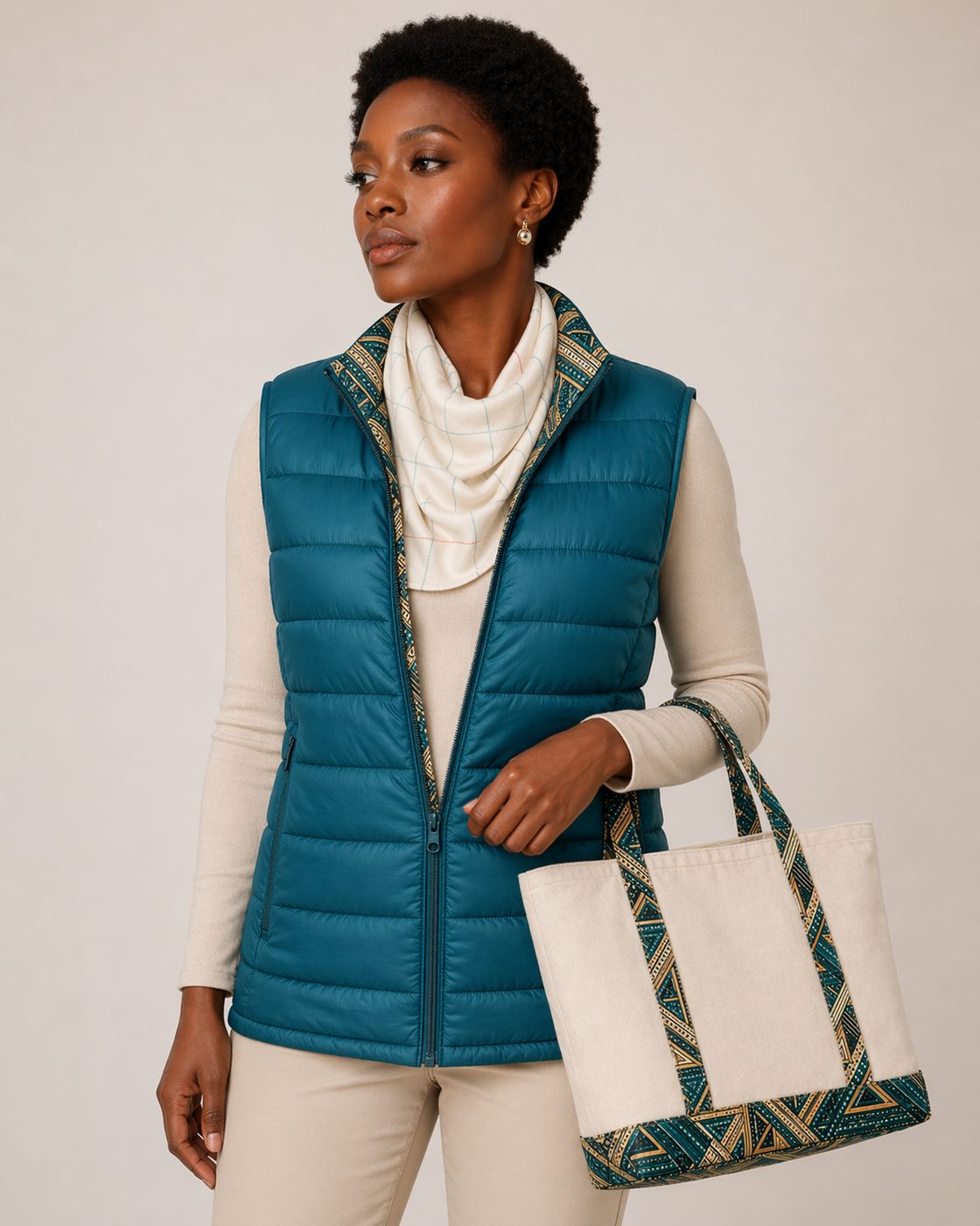 A woman in a teal puffer vest with a printed trim, a cream scarf and a printed tote