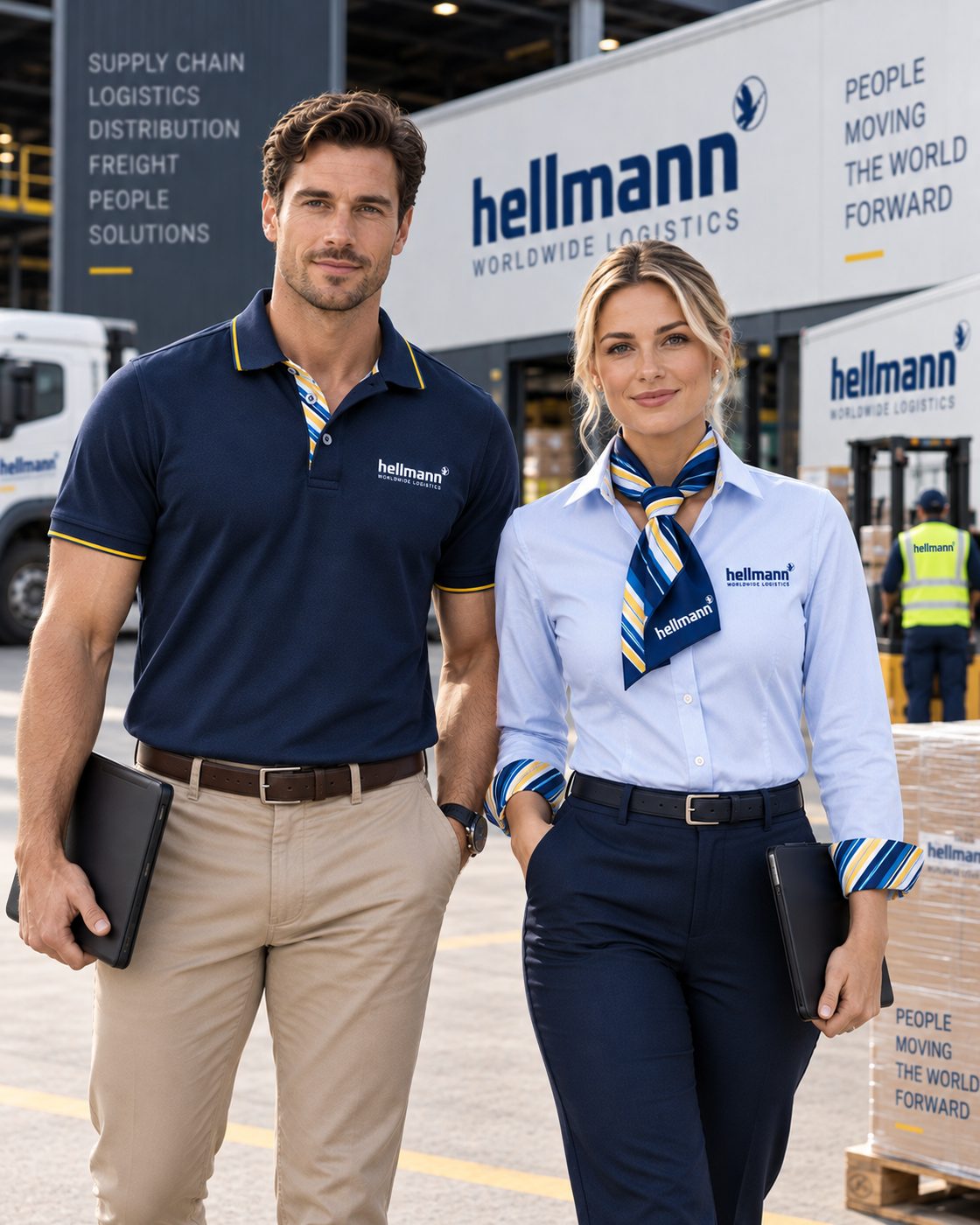 A man in a navy polo and a woman in a light blue shirt with a striped scarf in a logistics yard