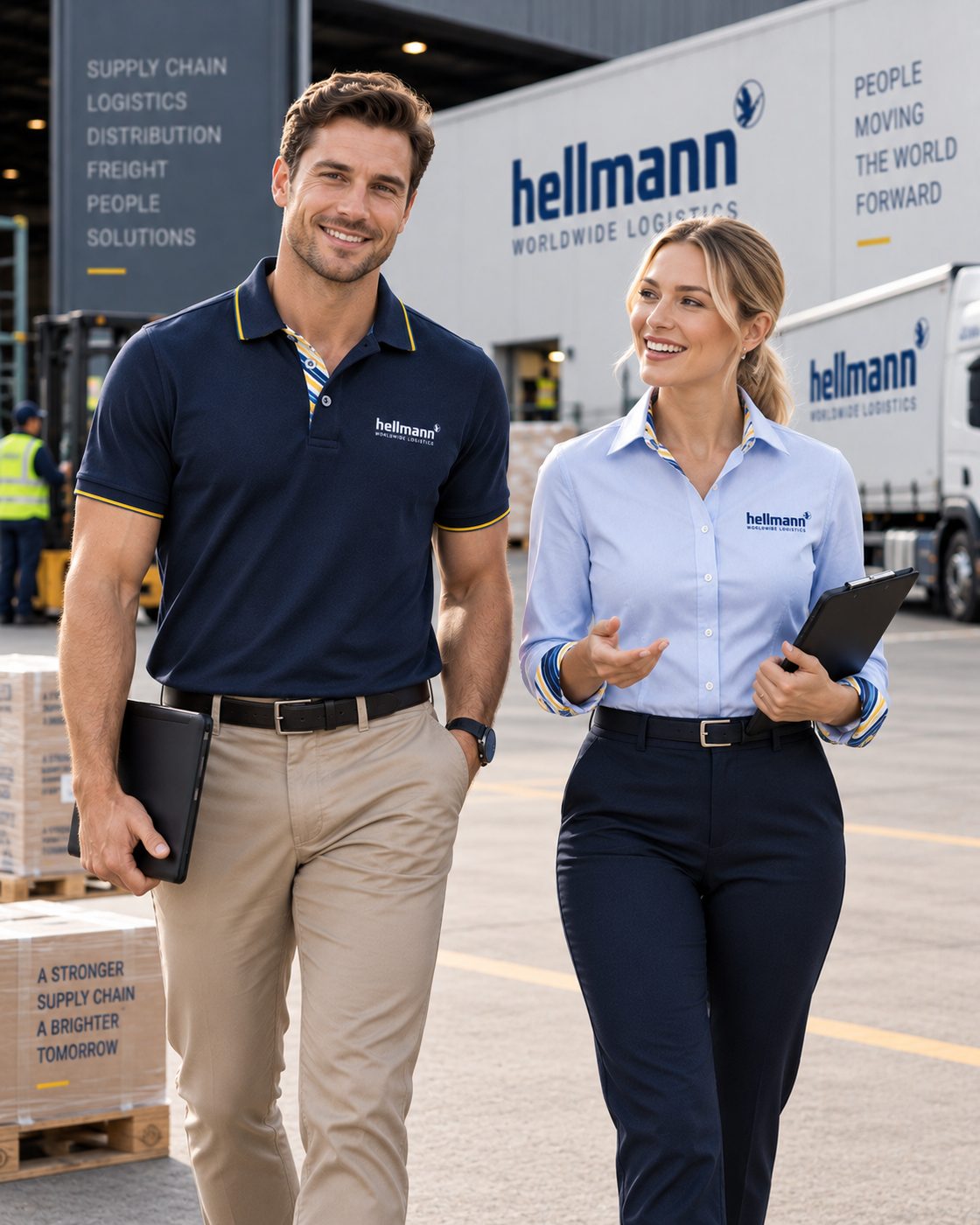 A man in a navy polo and a woman in a light blue shirt walking through a logistics yard