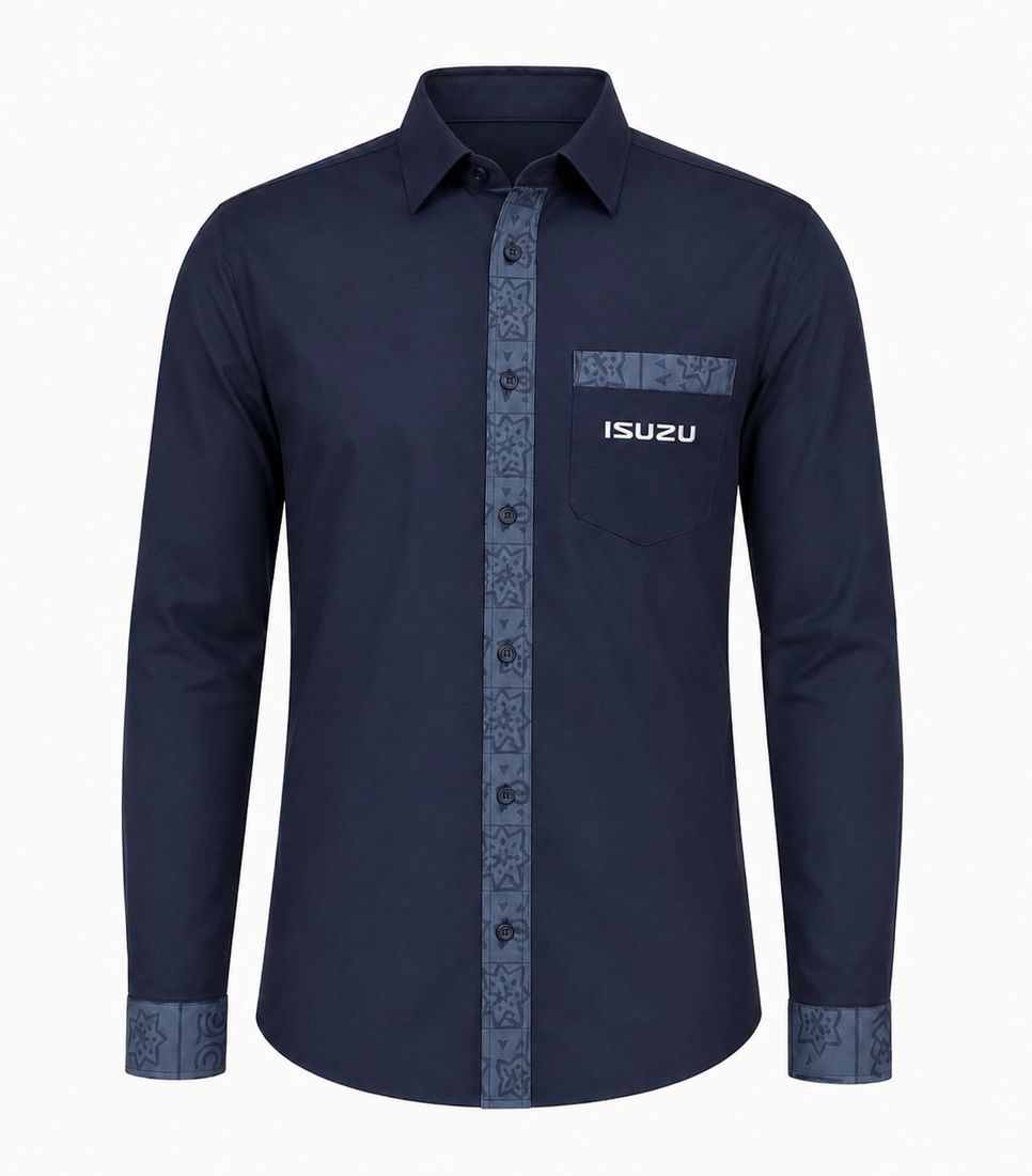 Isuzu linen shirt in navy with a woven pattern placket