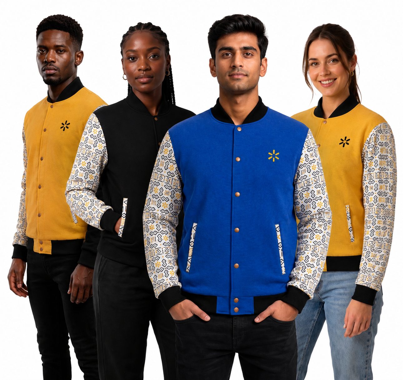 Four people in black, yellow and blue varsity jackets with patterned sleeves against a white studio backdrop