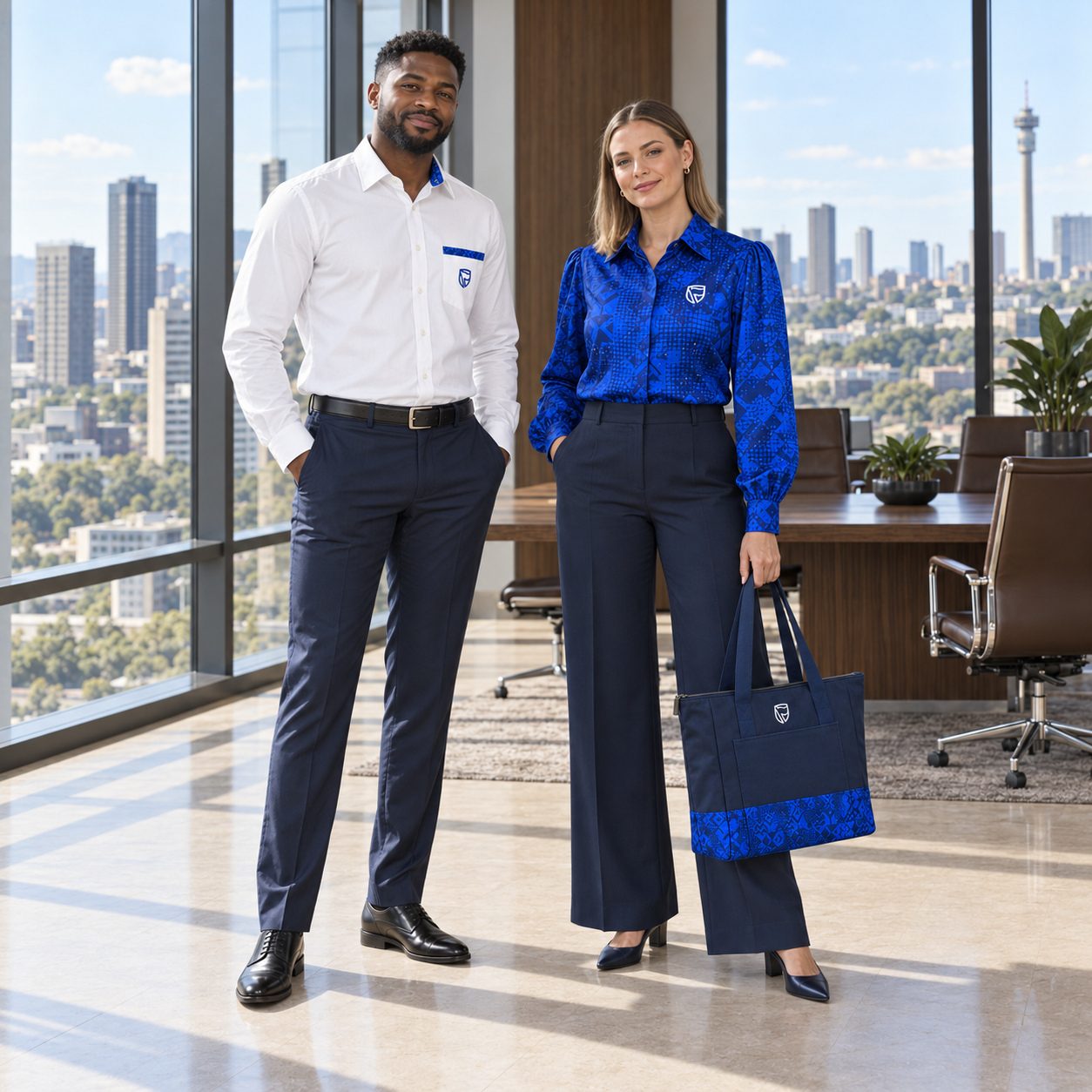 A man in a white shirt and a woman in a blue printed blouse in a boardroom with a view of the city