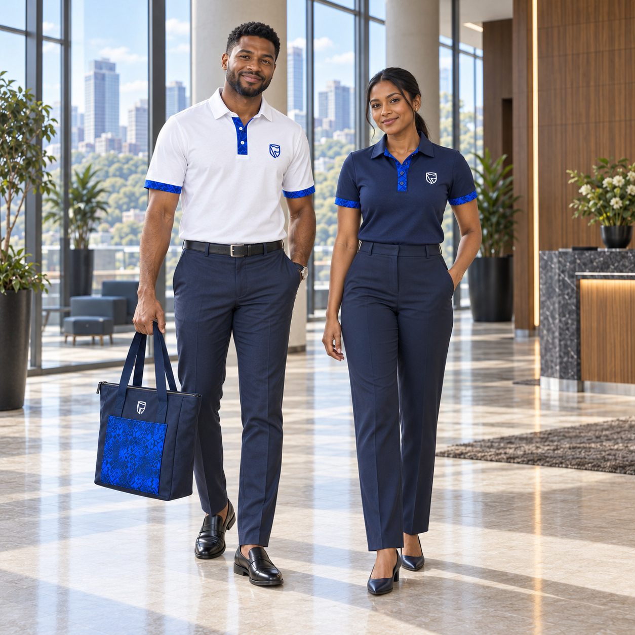 A man and a woman in navy and white golf shirts with blue trim, one carrying a blue printed tote