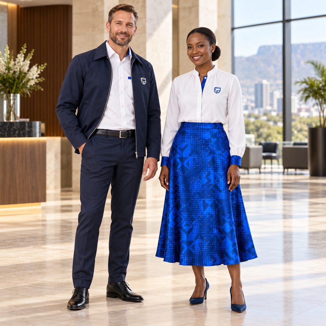 A man in a navy jacket and a woman in a white blouse and a blue printed skirt in a hotel lobby