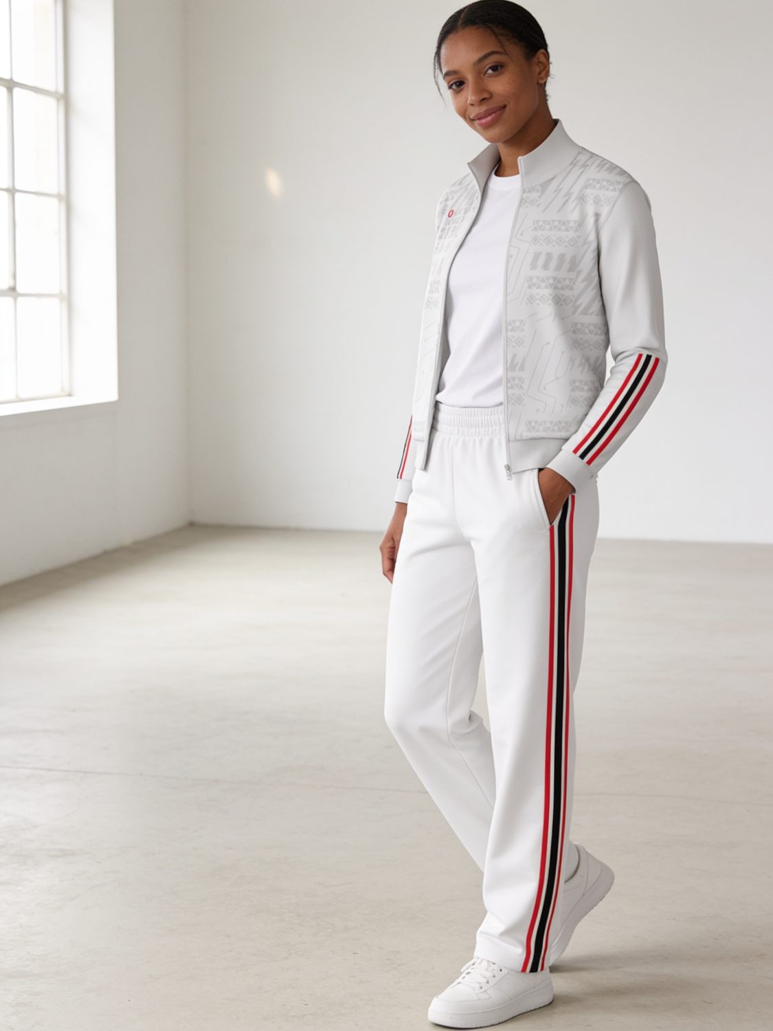 A woman in a white tracksuit jacket and pants with red and black stripes standing in a bright loft